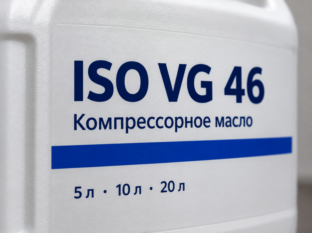Маркировка вязкости ISO VG 46 на этикетке канистры компрессорного масла крупным планом